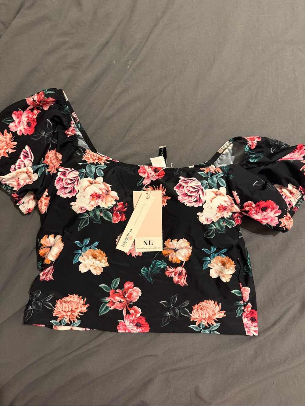 Floral Off-Shoulder Swim Crop Top in Black - Women's